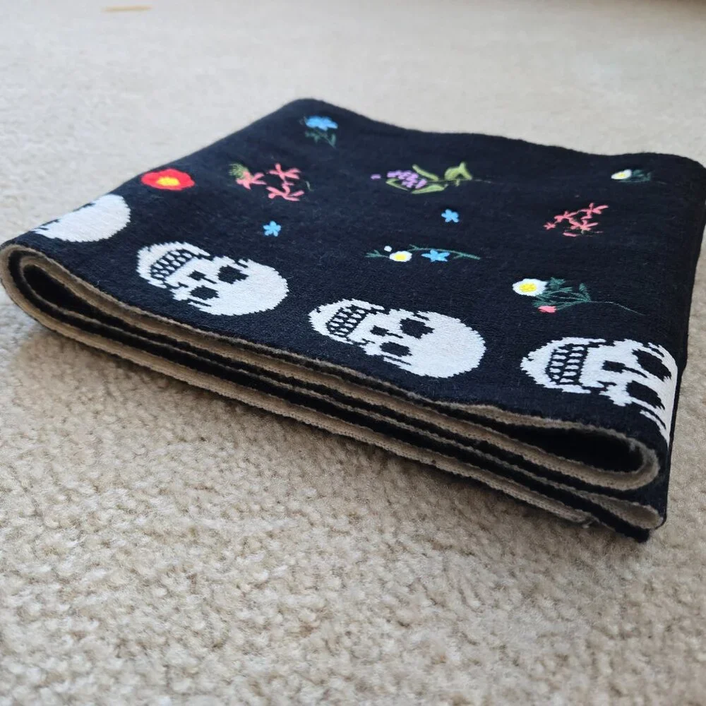 Skull Cashmere Embroidered Wool/Cashmere Scarf Skulls and Flowers